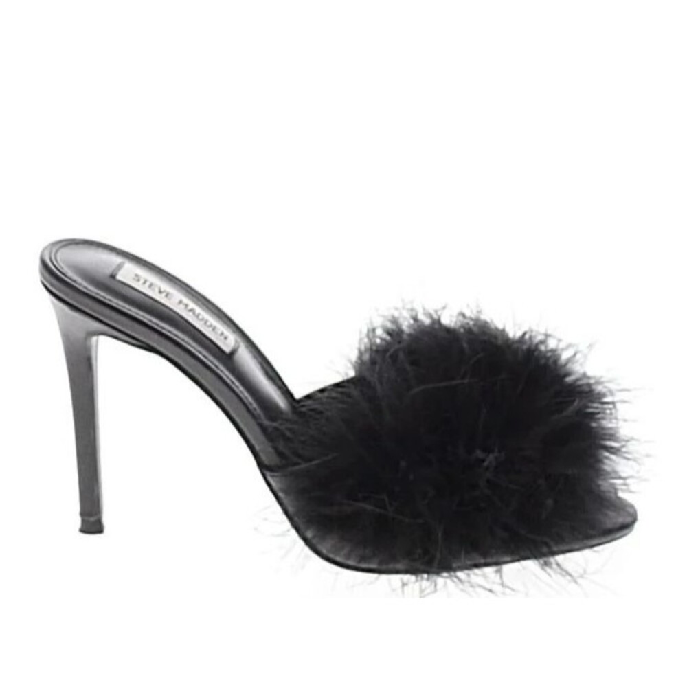 DESIGNER STEVE MADDEN BLACK FEATHER DETAIL HIGH HEEL MULES SHOES SIZE 8.5 M - Picture 7 of 16